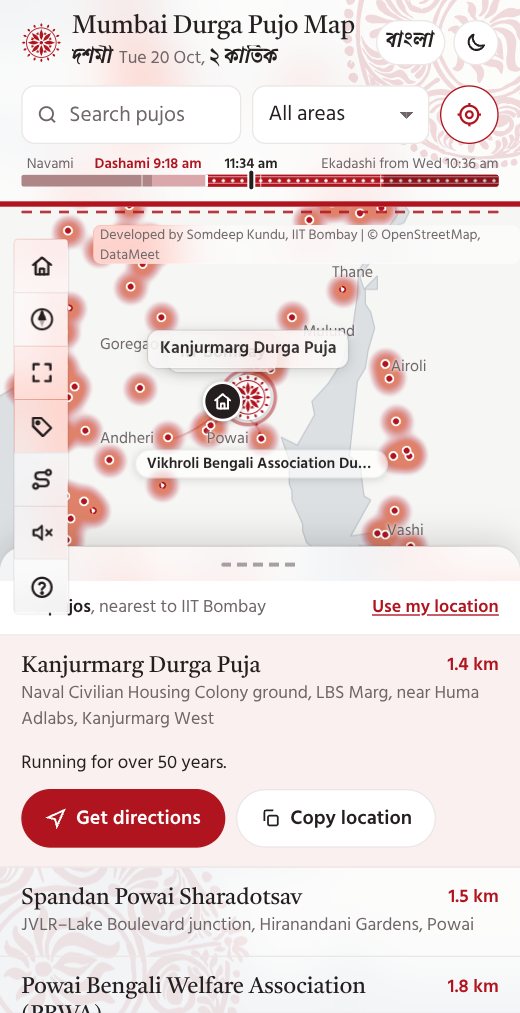 Tapping a pujo shows its neighbours' names